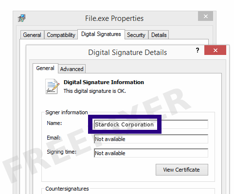 Screenshot of the Stardock Corporation certificate